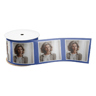 Personalized Photo Ribbon White on Medium Blue Satin Ribbon