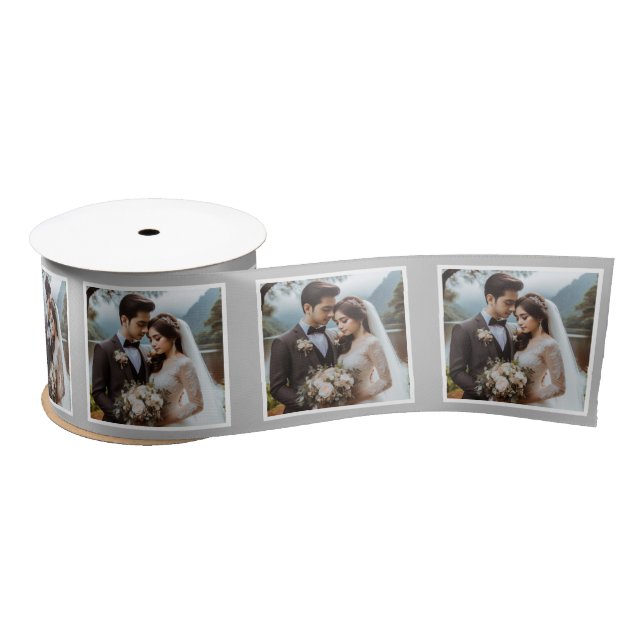 Personalized Photo Ribbon White Silver Wedding Satin Ribbon (Spool)