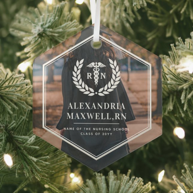 Personalized Photo RN Nursing School Graduation Glass Ornament (Insitu)