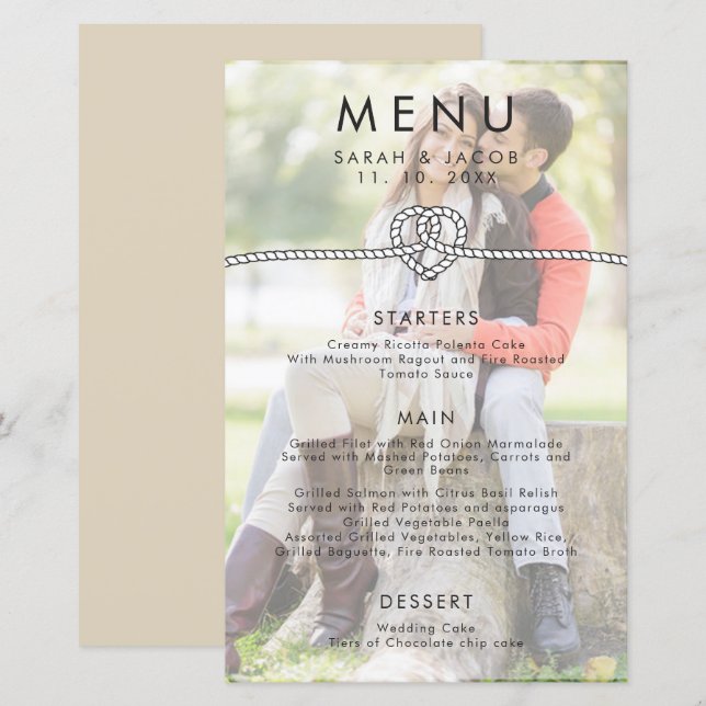 Personalized Photo Rope Heart Wedding Menu (Front/Back)