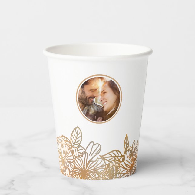 Personalized Photo Rose Gold Flowers Chic Wedding Paper Cups (Back)