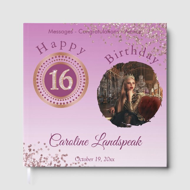 Personalized Photo Rose Gold Glitter 16th Birthday Guest Book (Front)