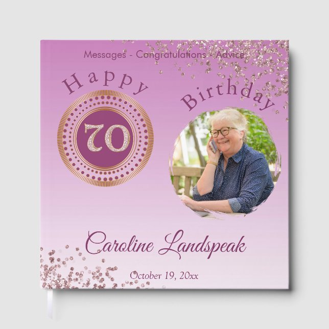 Personalized Photo Rose Gold Glitter 70th Birthday Guest Book (Front)