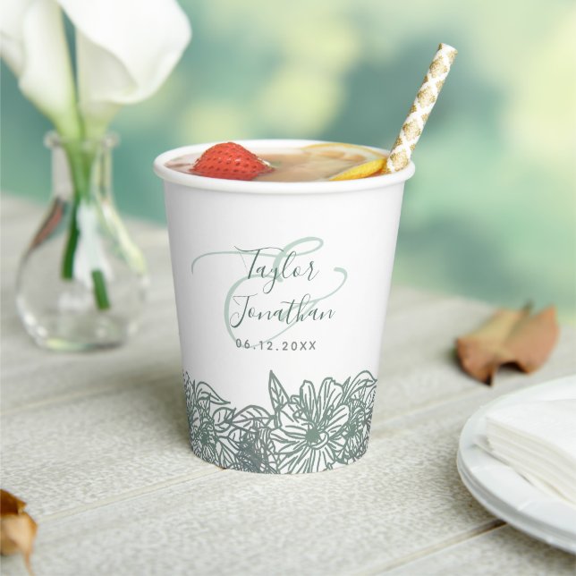 Personalized Photo Sage Green Flowers Nice Wedding Paper Cups (Insitu)