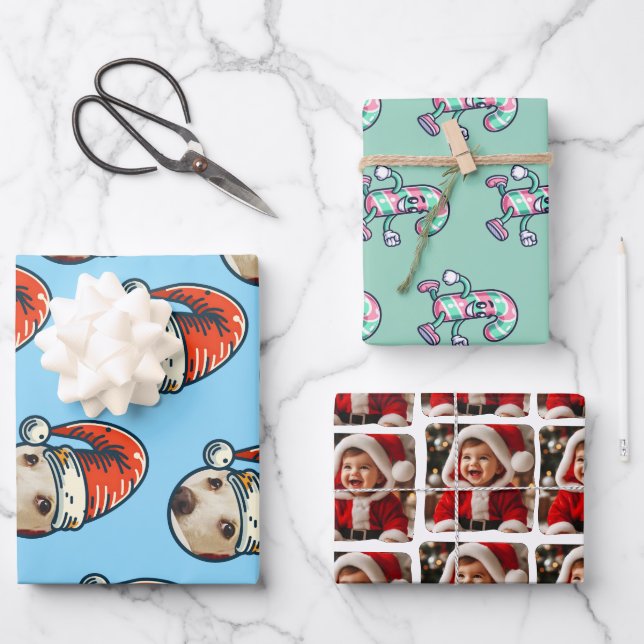 Personalized Photo Santa Candy Cane Wrapping Paper Sheet (Front)