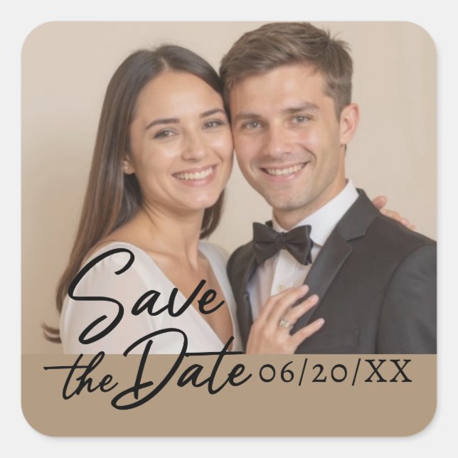 Personalized Photo Save The Date Script Square Sticker (Front)
