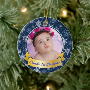 Personalized Photo Snowflake Navy Blue Ceramic Ornament