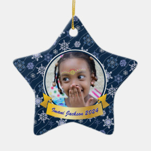 Personalized Photo Snowflake Navy Blue Star Shape Ceramic Ornament