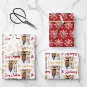 Personalized Photo Snowflake Script Name Red Gold Wrapping Paper Sheet