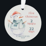 Personalized Photo Snowman Baby's First Christmas Ornament<br><div class="desc">Wonderful Baby's First Christmas milestone memory keepsake to celebrate the holidays! Festive winter snowman done in watercolor graphic art.  Customized with months and days of babies first Christmas celebration. Monogrammed with babies name and year of birth. Add a favourite photo of your baby to create a customized design.</div>