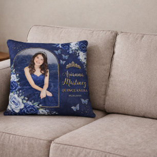 Personalized Photo Sweet 16 Royal Blue Quinceañera Throw Pillow