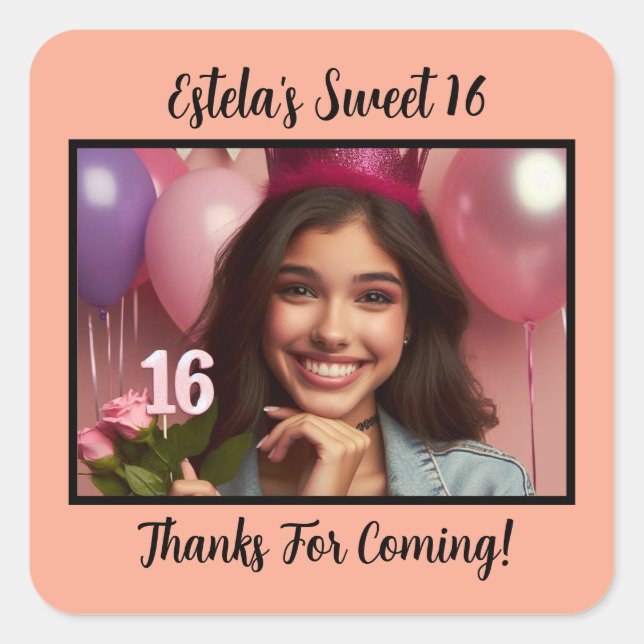 Personalized Photo Sweet 16th Birthday Thank You Square Sticker (Front)