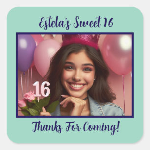 Personalized Photo Sweet 16th Birthday Thank You Square Sticker