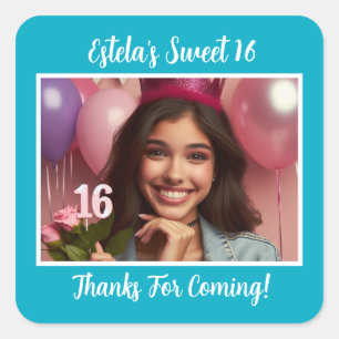Personalized Photo Sweet 16th Birthday Thank You Square Sticker