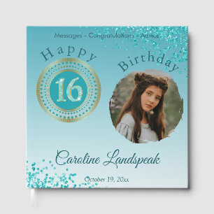 Personalized Photo Teal Blue Glitter 16th Birthday Guest Book