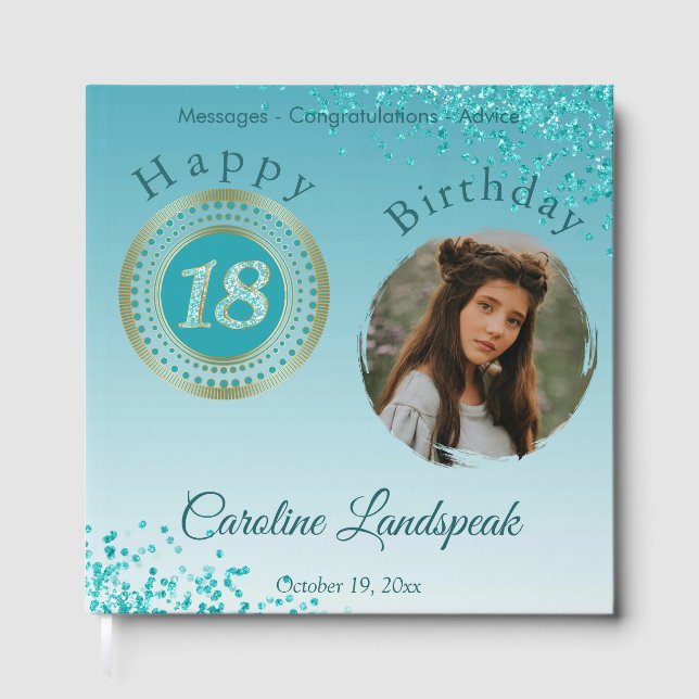 Personalized Photo Teal Blue Glitter 18th Birthday Guest Book (Front)