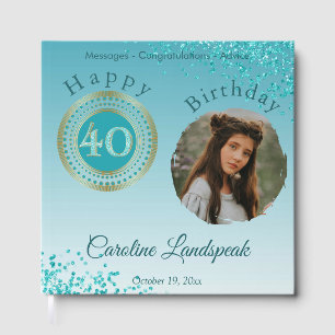 Personalized Photo Teal Blue Glitter 40th Birthday Guest Book