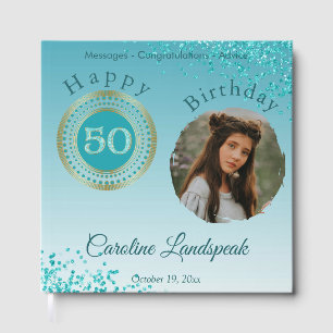Personalized Photo Teal Blue Glitter 50th Birthday Guest Book