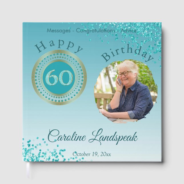 Personalized Photo Teal Blue Glitter 60th Birthday Guest Book (Front)