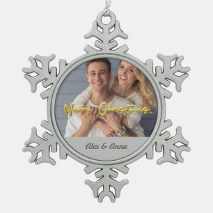 Personalized Photo template Gold and grey Merry Snowflake Pewter Christmas Ornament