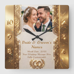 Personalized photo text Luxury Wedding Gift gold Square Wall Clock