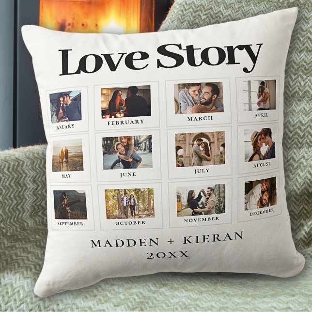 Personalized Photo Text Modern Couples Love Story Throw Pillow (Creator Uploaded)