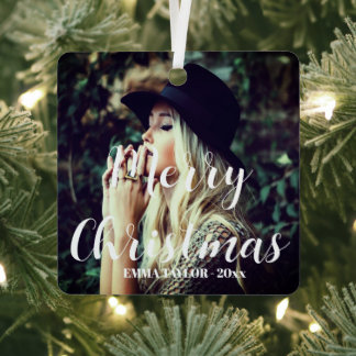 Personalized Photo Typography Merry Christmas Metal Ornament