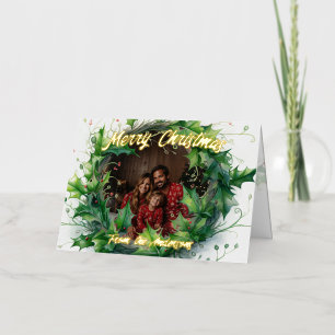 Personalized Photo Watercolor Holly Wreath Foil Greeting Card