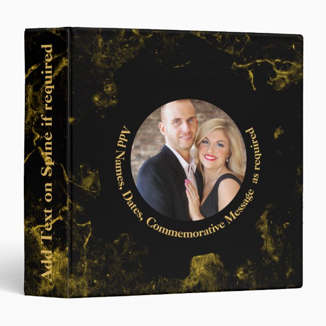 Personalized PHOTO Wedding Album Black Gold Marble Binder (Front/Spine)