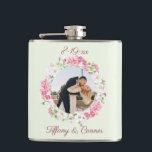 Personalized Photo Wedding Date Bride Groom Custom Hip Flask<br><div class="desc">Your favourite couples photo and two lines of personalized text highlight this floral frame custom wedding flask.
Great for weddings,  engagement parties or the bachelor party.</div>