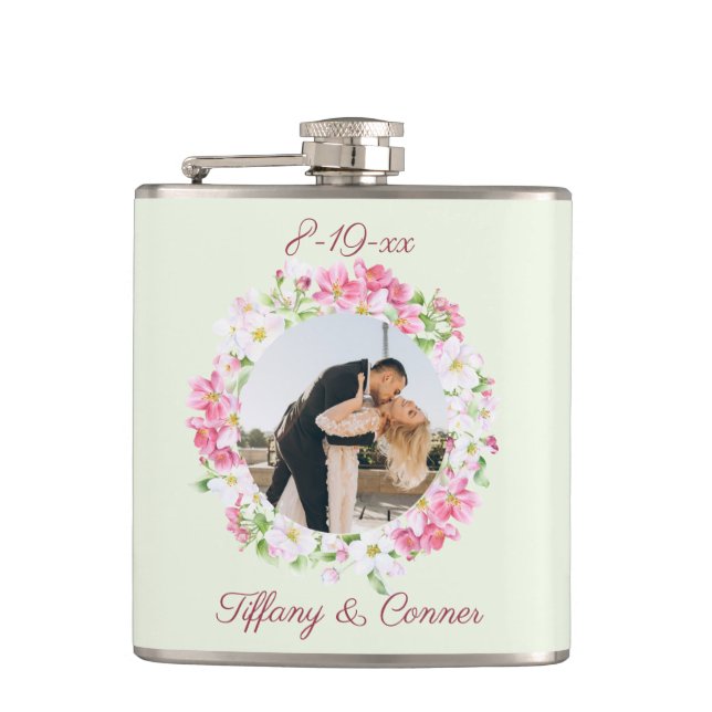 Personalized Photo Wedding Date Bride Groom Custom Hip Flask (Front)