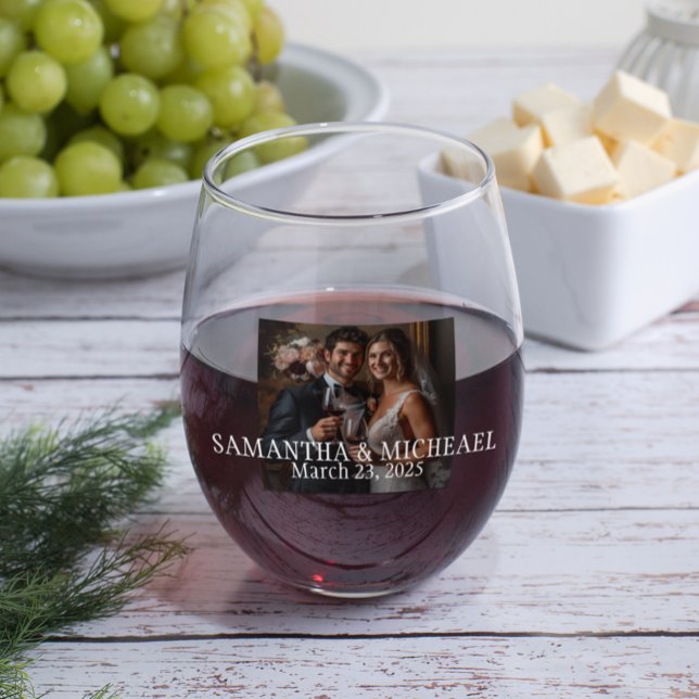 Personalized Photo Wedding Gift Bride Groom Stemless Wine Glass (Creator Uploaded)