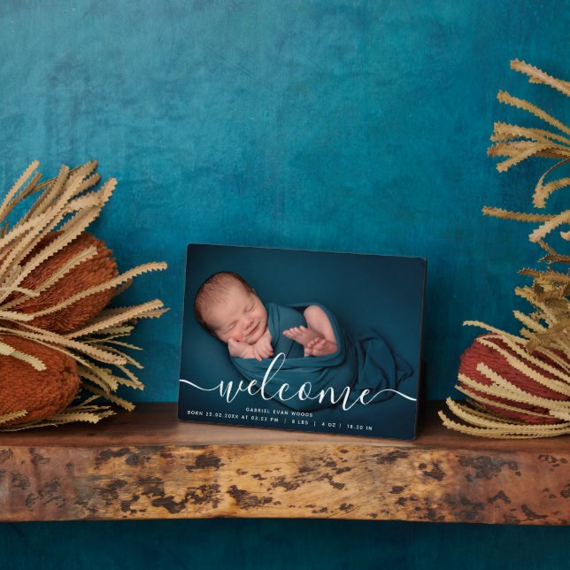 Personalized Photo Welcome Script Overlay Baby Plaque (Side)