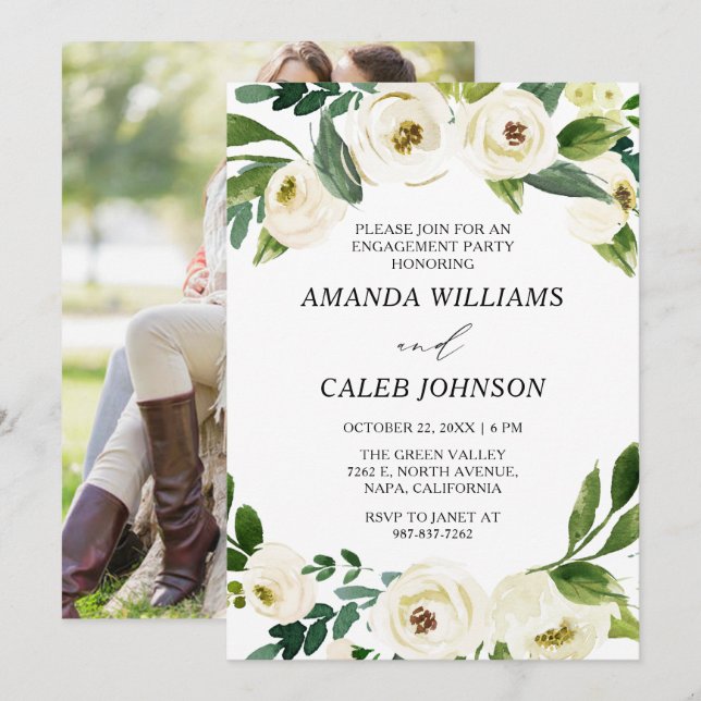 Personalized Photo White Flowers Engagement Party Invitation (Front/Back)
