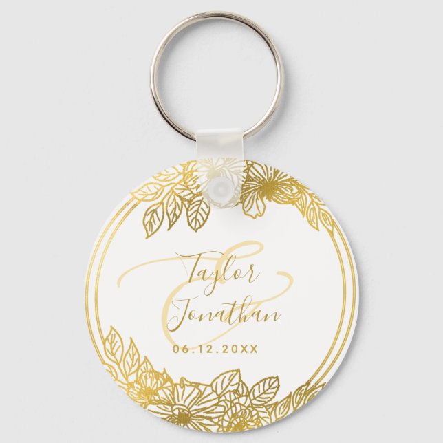 Personalized Photo White Gold Flowers Chic Wedding Keychain (Front)