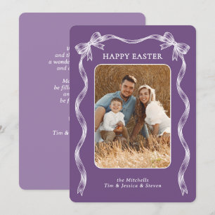 Personalized Photo White Ribbon On Violet Easter Holiday Card