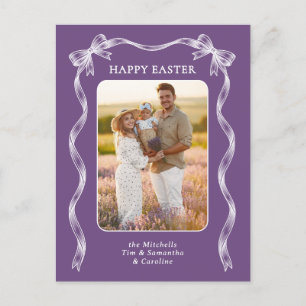 Personalized Photo White Ribbon On Violet Easter Postcard