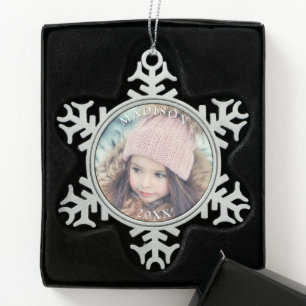 Personalized Photo with Name Christmas Holiday Snowflake Pewter Christmas Ornament