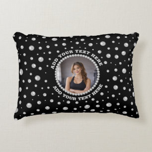 Personalized Photo with Pearls Circle on Black Accent Pillow
