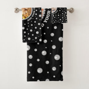 Personalized Photo with Pearls Circle on Black Bath Towel Set