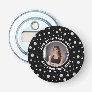 Personalized Photo with Pearls Circle on Black Bottle Opener