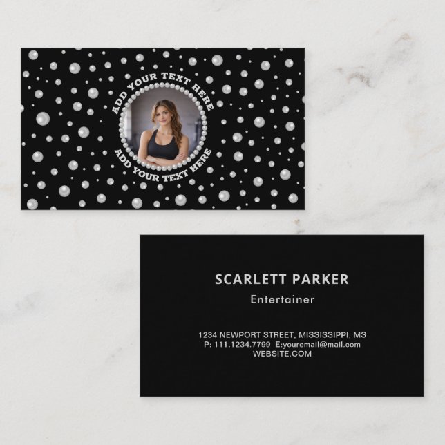 Personalized Photo with Pearls Circle on Black Business Card (Front/Back)