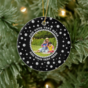 Personalized Photo with Pearls Circle on Black Ceramic Ornament