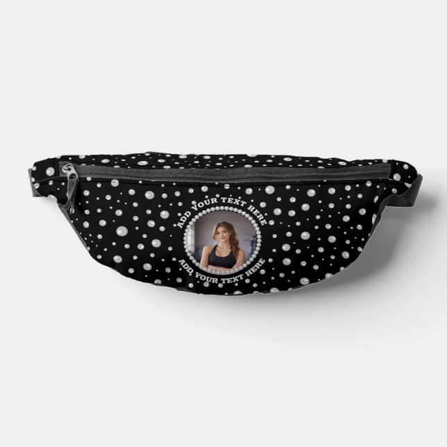 Personalized Photo with Pearls Circle on Black Fanny Pack (Lay Down)