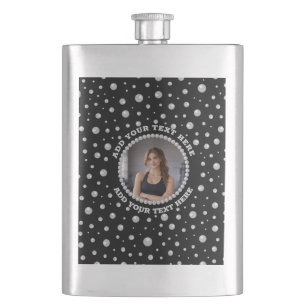 Personalized Photo with Pearls Circle on Black Hip Flask