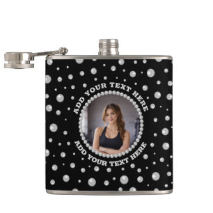 Personalized Photo with Pearls Circle on Black Hip Flask