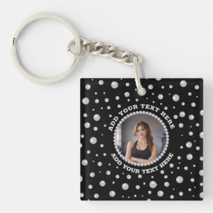 Personalized Photo with Pearls Circle on Black Keychain