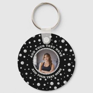 Personalized Photo with Pearls Circle on Black Keychain