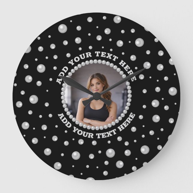 Personalized Photo with Pearls Circle on Black Large Clock (Front)