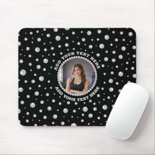 Personalized Photo with Pearls Circle on Black Mouse Pad